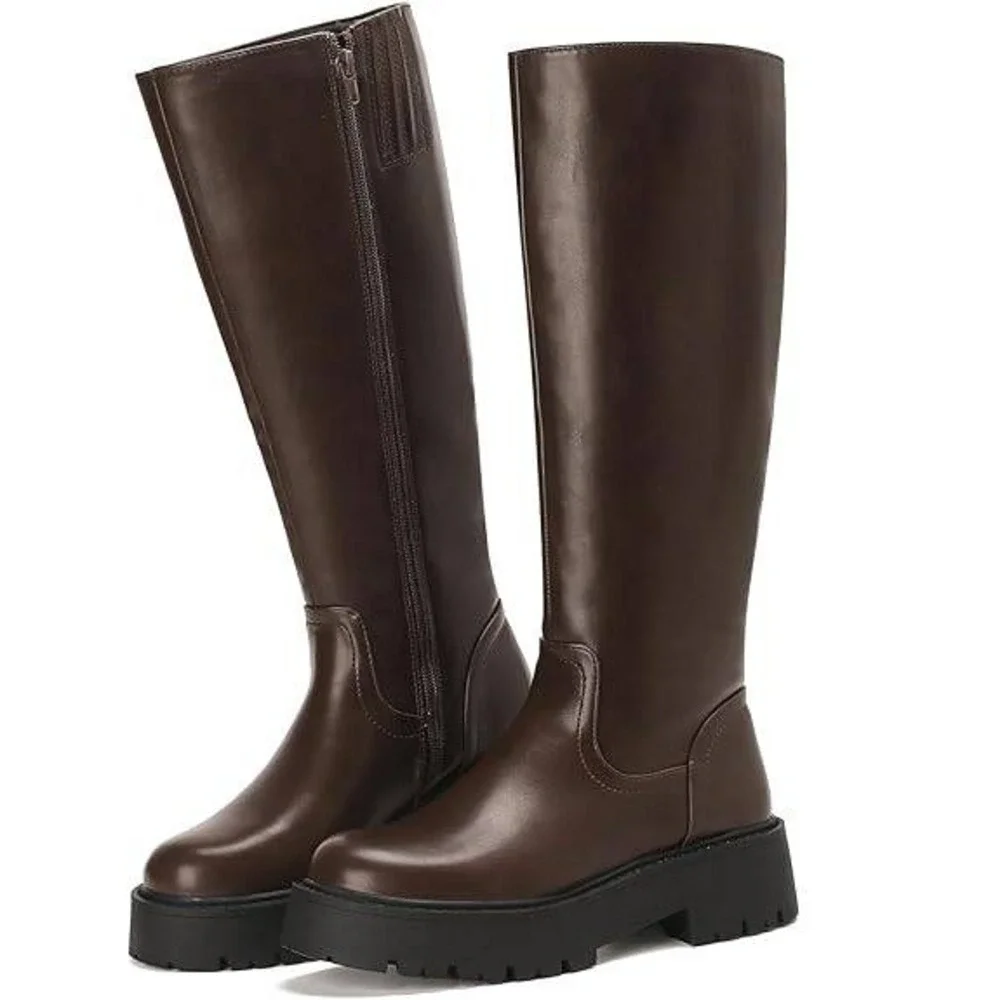 Women's US 7.5 - 8 Brown Platform Knee High Boots PU Leather Zip Tall Lug Sole